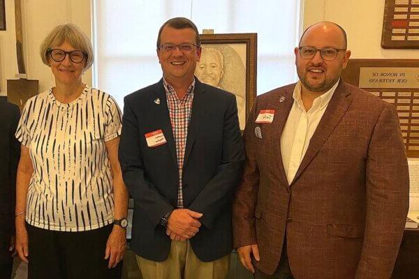 McCormick Civil War Institute director Jonathan Noyalas '01, M.A. (center) awarded for work in African American history. He received his recognition with 2024 Virginia Teacher of the Year Jeff Keller (left) and former Harvard President Drew Gilpin Faust, Ph.D. (right)